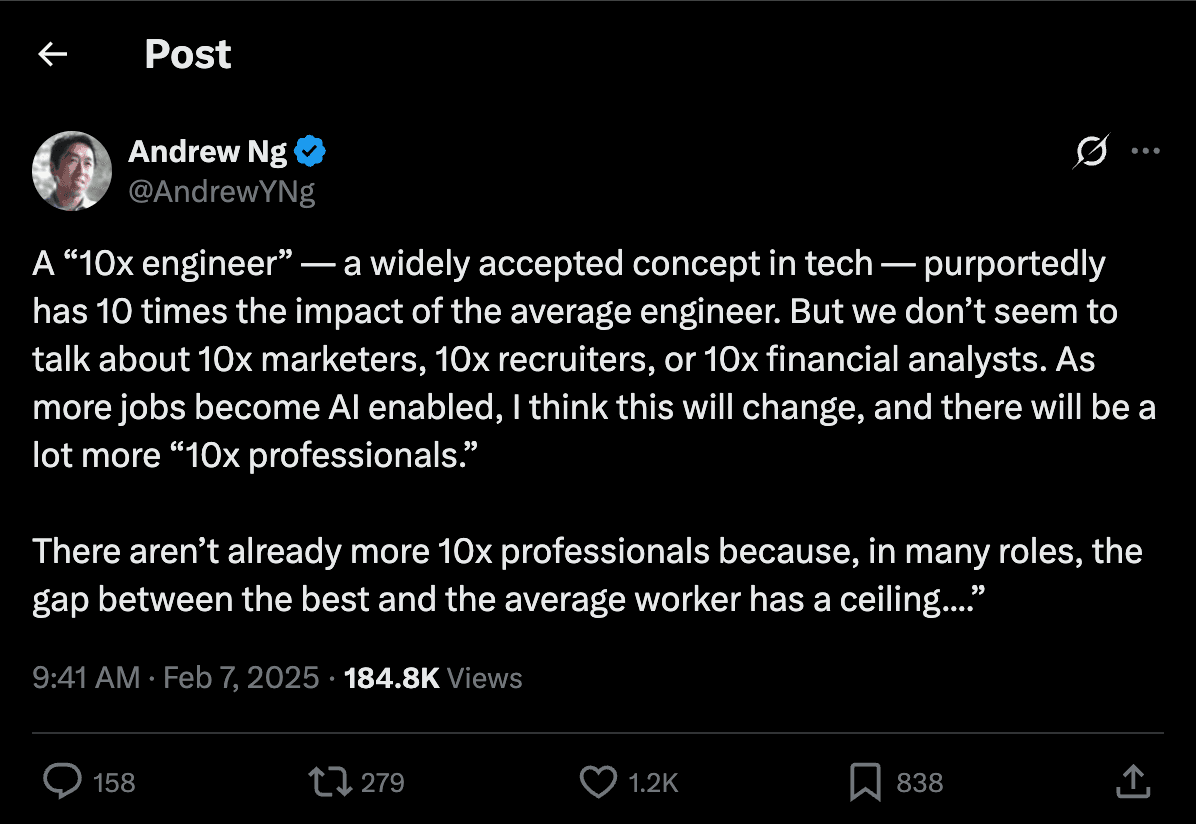 Screenshot of Andrew Ng's X post about 10x marketers, recruiters, and financial analysts