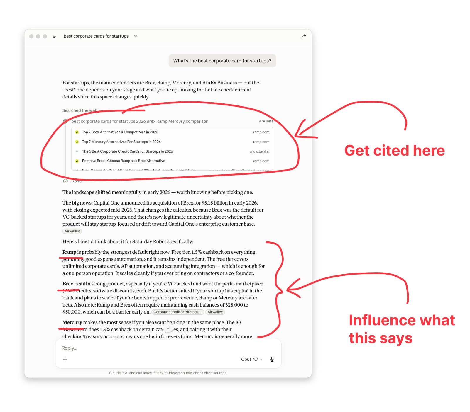 AEO: get cited and shape the answer. The model reads many pages and synthesizes one response, sometimes with inline citations.