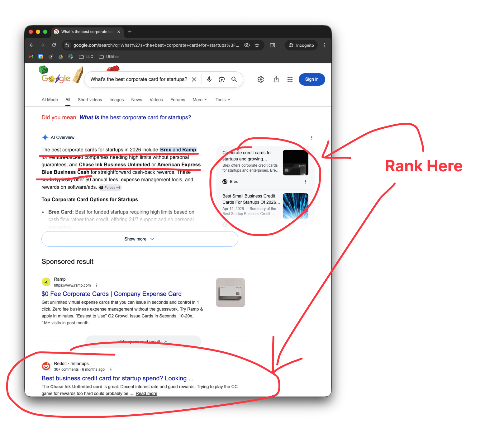 SEO: rank for the keyword. The user types a query, scans a list of results, and clicks one.